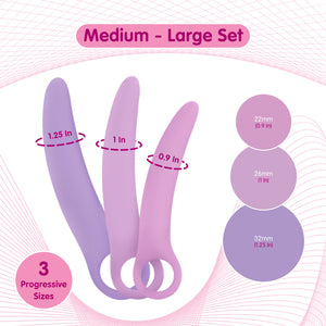 Skins Care 3-Piece Curved Dilator Kit dimensions showing 3 progressive sizes M-L