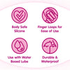 4 circle icons placed evenly on the image, each icon shows a key feature underneath. Under icon one, Body Safe Silicone is written, Under icon two, Finger Loops for Ease of Use, icon 3, Use with Water Based Lube, icon 4 Durable & Waterproof