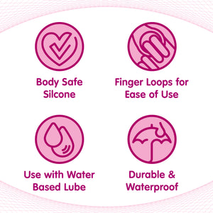 4 circle icons placed evenly on the image, each icon shows a key feature underneath. Under icon one, Body Safe Silicone is written, Under icon two, Finger Loops for Ease of Use, icon 3, Use with Water Based Lube, icon 4 Durable & Waterproof